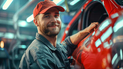 Smiling worker, mechanic, standing next to a car. Work, car, mechanic