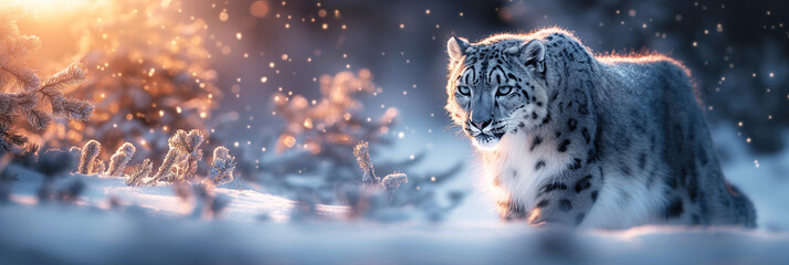 White snow leopard irbis in forest field in nature in snowy winter in wild - obrazy, fototapety, plakaty
