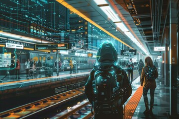 Detailed scene of a cyberpunk train station, with passengers plugged into augmented reality, oblivious to their surroundings - obrazy, fototapety, plakaty