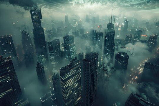 Detailed image of a futuristic biopunk cityscape, where skyscrapers are alive and breathing under a moody sky
