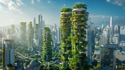 Hyper-realistic image of a solar punk cityscape, with vertical gardens scaling eco-friendly skyscrapers