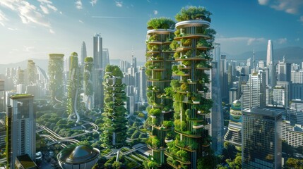 Obraz premium Hyper-realistic image of a solar punk cityscape, with vertical gardens scaling eco-friendly skyscrapers