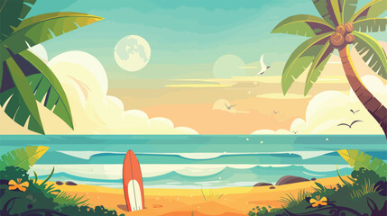 Fototapeta na wymiar Summer sea beach background. Surf 2d flat cartoon v