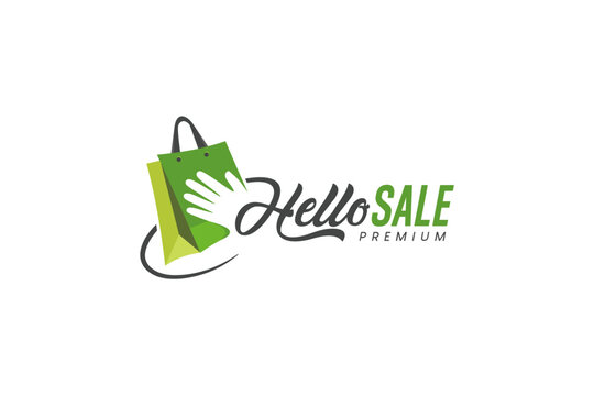 Vector illustration of hello sale logo with waving hand icon in shopping bag