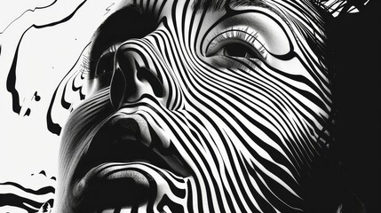 A woman's face is shown in black and white with a zebra print. The image has a bold and striking appearance, with the zebra print adding a sense of movement and energy to the face