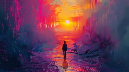 A man is walking through a tunnel with a sunset in the background. The tunnel is filled with colorful lights and the sky is orange - obrazy, fototapety, plakaty