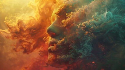 A colorful, abstract painting of a face with smoke and fire surrounding it. The painting has a dreamy, surreal quality to it, with the smoke and fire giving it a sense of movement and energy - obrazy, fototapety, plakaty