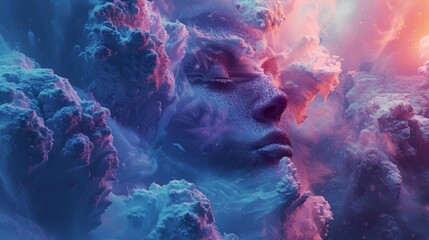 A face is shown in the sky with clouds. The face is made of small dots and is surrounded by a blue and purple sky. Scene is dreamy and surreal