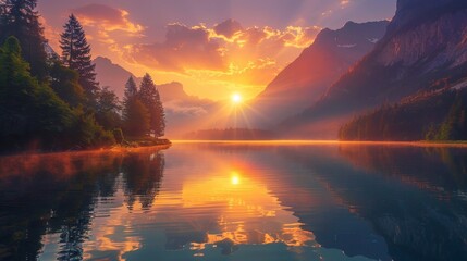 A beautiful sunset over a lake with mountains in the background. The sky is filled with clouds and the sun is shining brightly. The water is calm and the reflection of the sun. The scene is peaceful