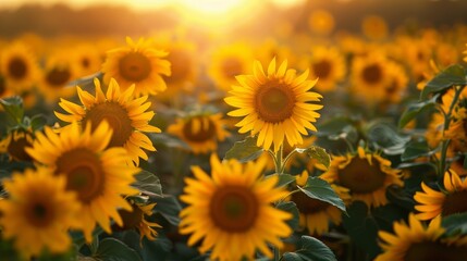 A field of sunflowers with a bright yellow sun in the background. The sunflowers are in full bloom and are scattered throughout the field. Concept of warmth and happiness - obrazy, fototapety, plakaty