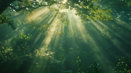 The sun is shining through the leaves of a tree, creating a beautiful and peaceful scene. The light is casting a warm glow on the forest floor, making it feel like a magical and serene place