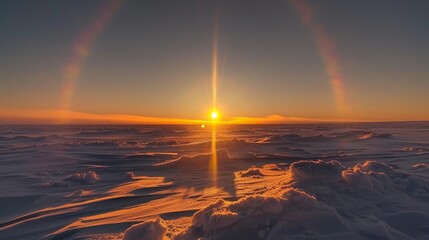 The sun is setting over the ocean, creating a beautiful rainbow in the sky. The scene is serene and peaceful, with the colors of the rainbow reflecting off the water