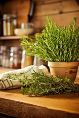 Healthy herb rosemary in a cozy country kitchen, close up. Generative AI tools
