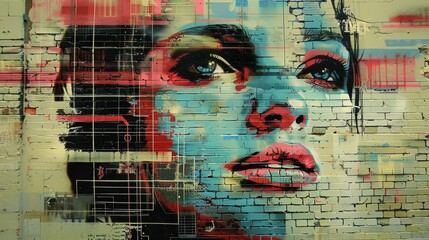 A woman's face is painted on a wall with a blue and red background. The painting is abstract and has a modern feel to it