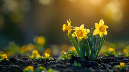 Close-up shot of Beautiful daffodil flower blossoms at morning light Beautiful yellow Daffodil flowers blooming in a spring garden also known as Narcissus