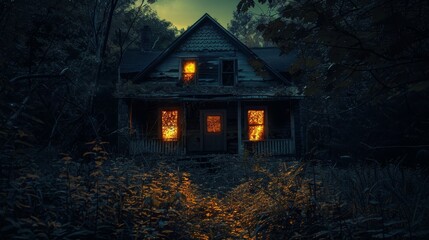 A creepy old house with a porch lit up by a fire. The house is surrounded by a dark forest