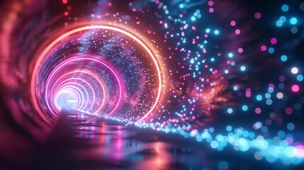 A tunnel with a bright neon glow. The tunnel is filled with colorful lights and the walls are covered in a pattern of dots. The tunnel appears to be a futuristic, otherworldly space