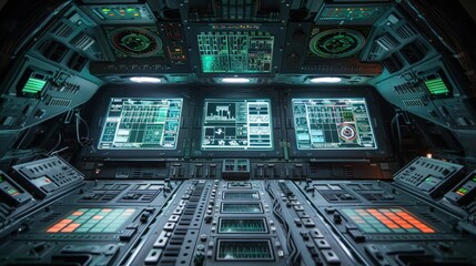 Fototapeta premium The cockpit of a spaceship is lit up with green and blue lights. The screens are displaying various information and the controls are ready for use. Scene is futuristic and technological