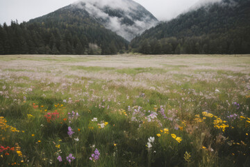 A vast alpine meadow bursts with colorful wildflowers beneath a dramatic mountain peak