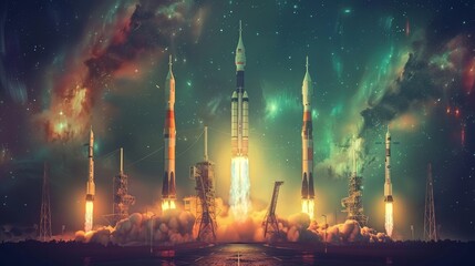 A rocket launch is taking place in the night sky. The rockets are in various stages of launch, with some still in the process of taking off. The scene is filled with a sense of excitement - obrazy, fototapety, plakaty