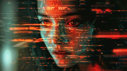 A woman's face is shown in a digital image with a lot of red and orange lines. The image has a futuristic and abstract feel to it, with the woman's face being the main focus. The use of bright colors