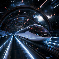 Under the celestial dance of cinematic lighting, a magnetic levitation rail hosts futuristic transports, their silent motion a majestic and powerful sight to behold - obrazy, fototapety, plakaty