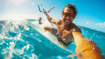 Happy man doing water sports on the beach. Kitesurfing.