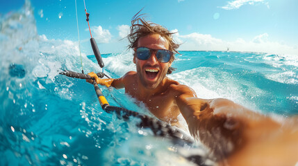 Happy man doing water sports on the beach. Kitesurfing. - obrazy, fototapety, plakaty
