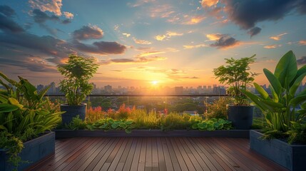A balcony with a view of the city and a sunset. The balcony is filled with potted plants and has a wooden floor