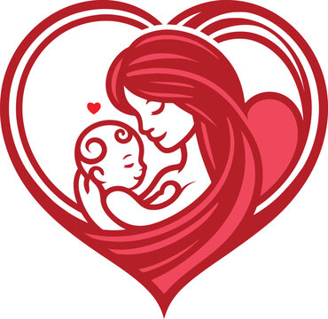 Mother holding little baby with her arm inside heart shaped.