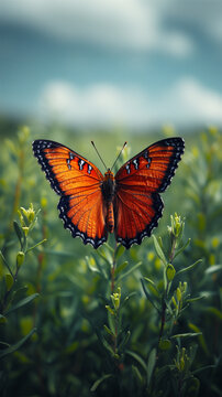 Orange butterfly on the background of a green field and a blurred sky. Copy space. High quality photo