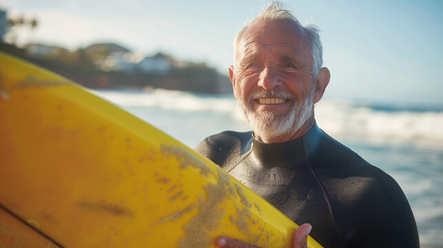 Happy old man with surfboard on the beach.