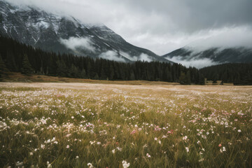 A vibrant wildflower meadow unfolds in the emerald embrace of the alpine mountains