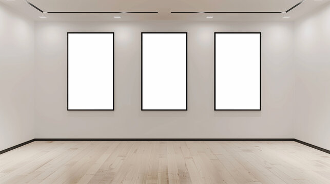 Plain white wall decorated with 3 black picture frames.