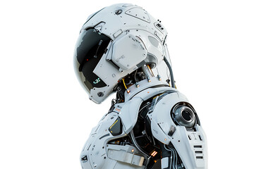 A robot with humanlike facial features, wearing white armor and hightech equipment on its body. Isolated against a pure white background - obrazy, fototapety, plakaty