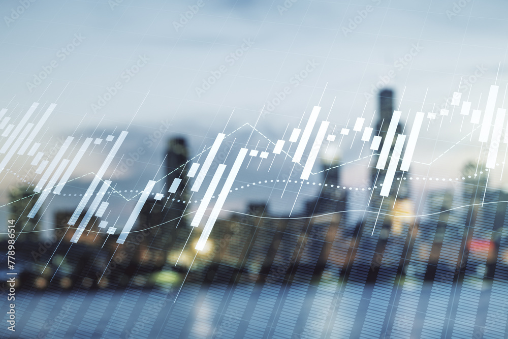 Poster multi exposure of abstract virtual financial graph hologram on blurry skyline background, forex and 