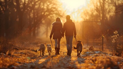 Silhouetted Couple Walking Dogs in Enchanted Sunset Glow Through Lush Countryside Landscape