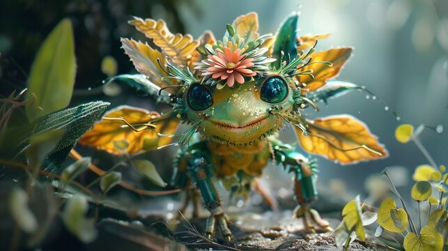 Craft a 3D creature thats a fusion of flora and fauna