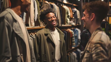 A group of friends laughing and browsing through a high-end menswear boutique, exploring fashion together. - obrazy, fototapety, plakaty