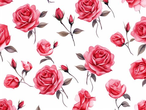 Rose roses watercolor clipart on white background, defined edges floral flower pattern background with copy space for design text or photo backdrop minimalistic 