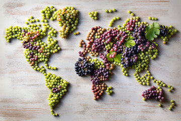 World map made of grapes. Creative flat lay, wine and world winery concept. Wine production all over the world, wine countries. Design element for infographics, sale poster, advertisement.