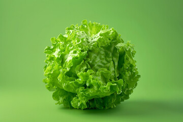 Green lettuce head vegetable or salad on green background. Vegan diet, healthy organic food, vegetables, salad preparation ingredients, cooking, vitamins, spring concept.