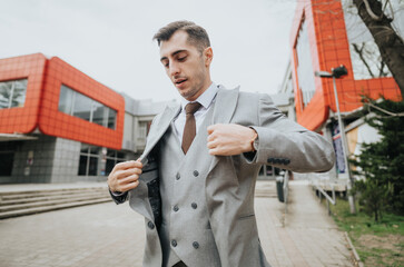 Confident business man adjusting suit 