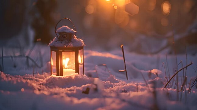 lantern on a pile of snow ice with bokeh background