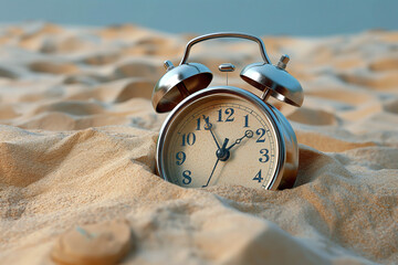 Alarm clock in the sand. Save your time, lost time, the end of times, lifetime. Clock is drowning...
