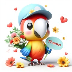 Cute character 3D image of Parrot with flowers and saying thanks white background
