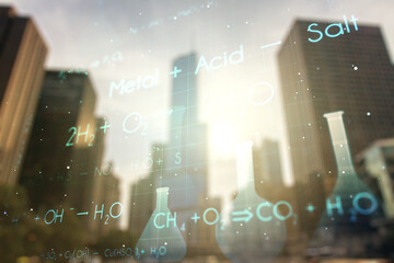 Creative chemistry hologram on blurry cityscape background, pharmaceutical research concept. Multiexposure