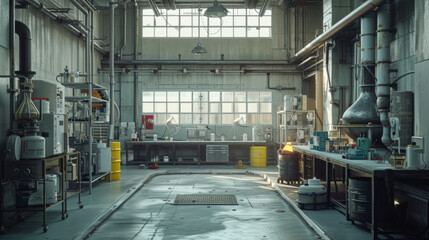 A chemical safety laboratory with safety equipment and emergency response systems, momentarily still but ready to ensure the safety of chemical handling and storage