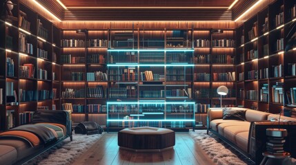 A home library where AI sorts and suggests books based on moods and interests, integrating AI into personal growth and learning. - obrazy, fototapety, plakaty