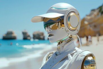 Donning chic beach attire, the robotic traveler captivates onlookers with its effortless grace and charm, realistic , cinematic style. - obrazy, fototapety, plakaty
